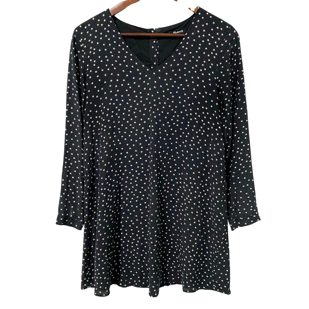Madewell Silk Star Print Mini Dress Button Back Long Sleeve Size Small